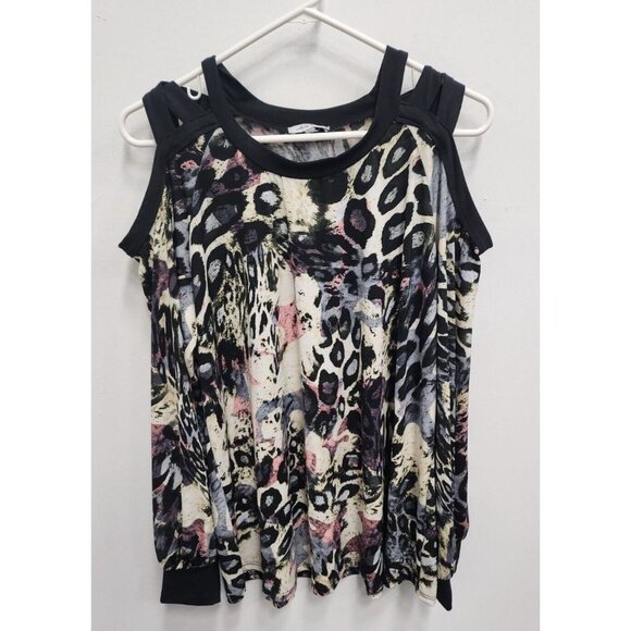 White Birch Womens Tunic Top Large Black Animal Print Strappy Cold Shoulder - Picture 1 of 9